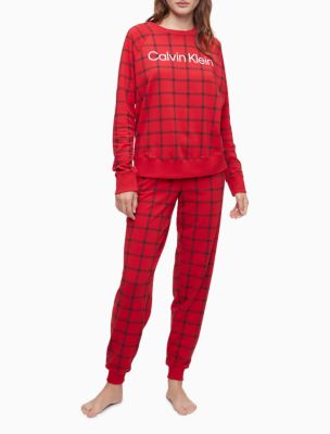 Modern Cotton Plaid Crewneck Sleep Sweatshirt, Windowpane Rustic Red