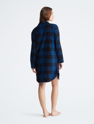 Pure Flannel Relaxed Button-Down Shirt Dress, Blue/Black