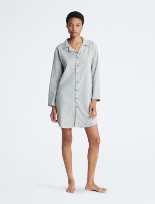 Pure Flannel Relaxed Button-Down Shirt Dress, Grey Heather