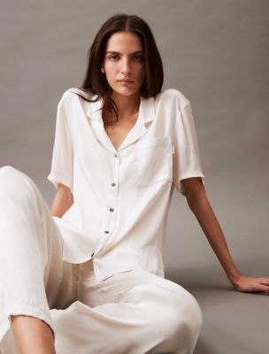 Pure Sheen Button-Down Sleep Shirt, White Onyx