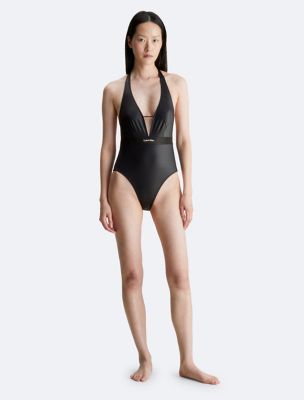 Sexy One Piece Swimwear- Monokini Swimsuit Tank with Plunging Front in  Black Nylon Lycra