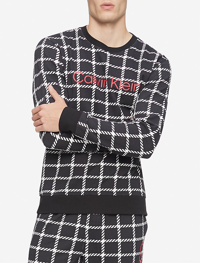 Calvin Klein Windowpane Crewneck Sleep Sweatshirt (Black / Red)