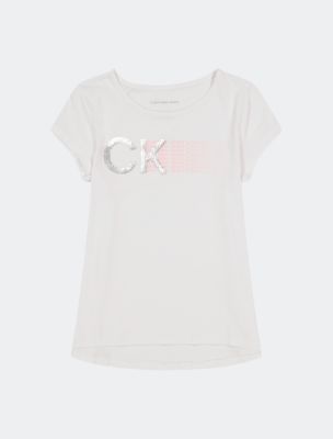 Girls Sequin Logo Crewneck T-Shirt, White Peachskin