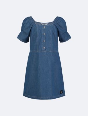 Girls Square Neck Denim Dress, Medium Chambray