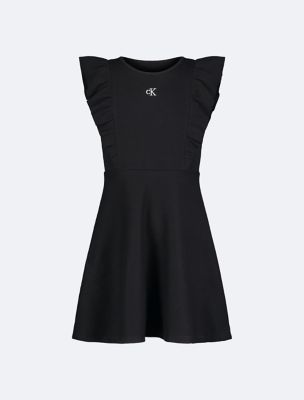 Girls Ruffle Ribbed Mini Dress, Black