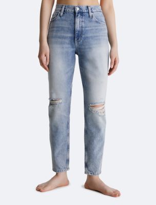 High Waist Distressed Mom Fit Jeans, Medium Denim
