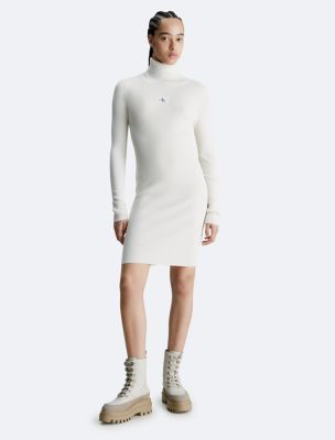 Ribbed Mini Turtleneck Sweater Dress, Ivory