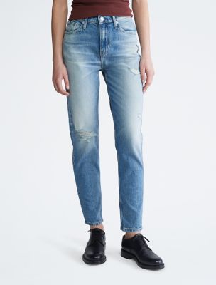Distressed Mom Fit Jeans, Medium Denim