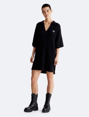 Ribbed Open Collar Sweater Dress, Black