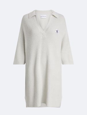 Ribbed Open Collar Sweater Dress, Ivory