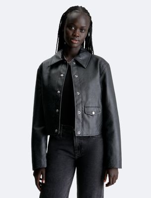 Faux Leather Shirt Jacket, Black