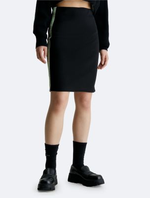 Slim Ribbed Logo Tape Skirt, Black