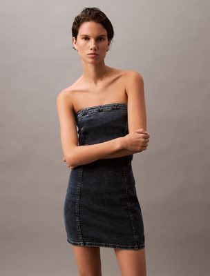 Strapless Denim Mini Dress, Dark Denim