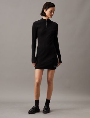 Ribbed Half Zip Mini Dress, Black