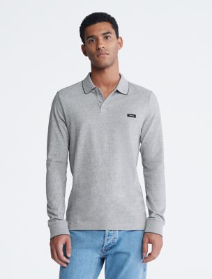 Stretch Pique Long Sleeve Polo Shirt, Mid Grey Heather