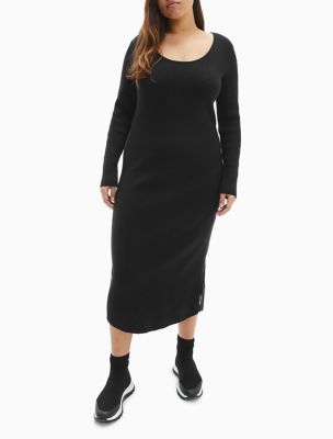 Plus Size Ribbed Knit Blend Scoopneck Maxi Dress, Black