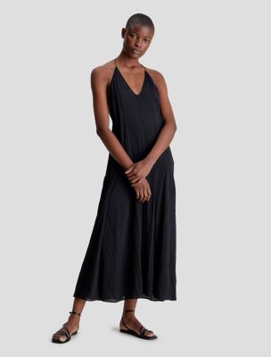 Pleated Texture Maxi Slip Dress, Black