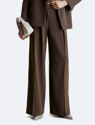 Wool Twill Extra Wide Leg Pants, Brown Kelp