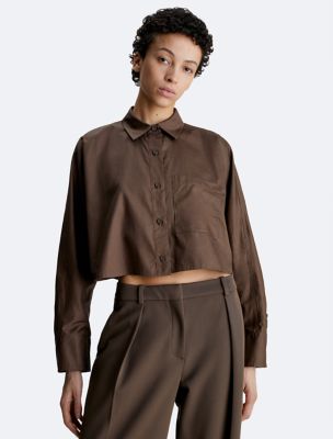 Cropped Dolman Relaxed Button-Down Shirt, Brown Kelp