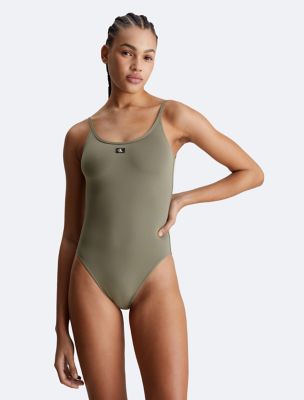 Monogram Logo Scoopneck One Piece Swimsuit, Dusty Olive