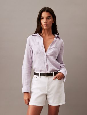 Textured Button-Front Roll-Sleeve Shirt, Orchid