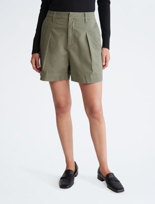 Twill Pleated 5-Inch Shorts, Khaki Green