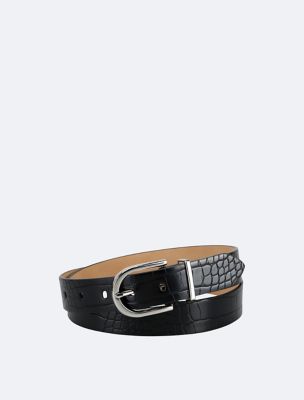 Textured Round Buckle Belt, Black Croc