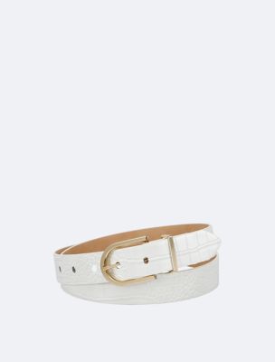 Textured Round Buckle Belt, Bone Croc