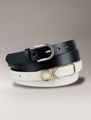Monogram Logo and Round Buckle Reversible Belt Set, Black / Bone