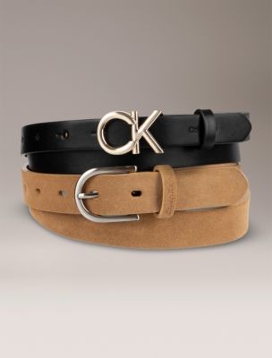 Monogram Logo and Round Buckle Reversible Belt Set, Black / Brown