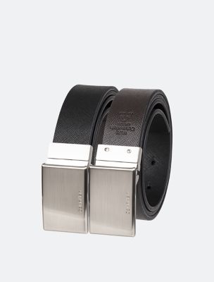 Saffiano Reversible Plaque Buckle Belt, Black/Brown