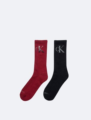 Monogram Logo Holiday 2-Pack Crew Socks, Burgundy Assorted