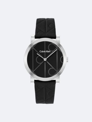 Allover Emblem Dial Leather Strap Watch, Black