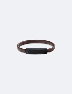 Metal Logo Plaque Leather Bracelet, Brown / Black