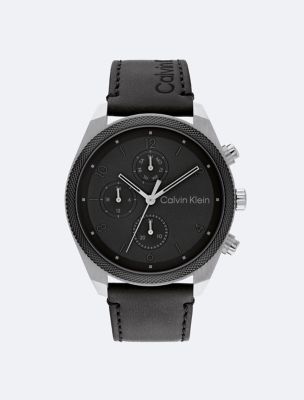 Leather Strap Chronograph Watch, Black