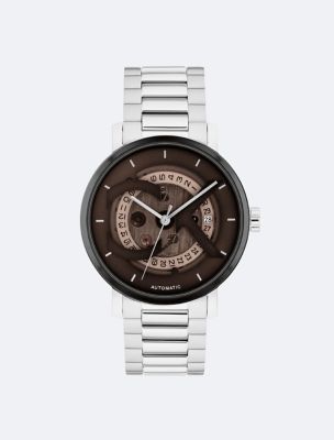 CK Logo Skeleton Dial Automatic Watch, Brown / Stainless Steel