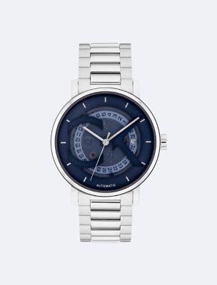CK Logo Skeleton Dial Automatic Watch, Silver / Blue