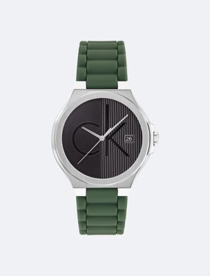 Textured Monogram Logo Dial Silicone Strap Watch, Green / Gray