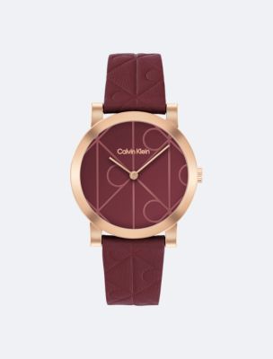 Allover Emblem Dial Leather Strap Watch, Burgundy