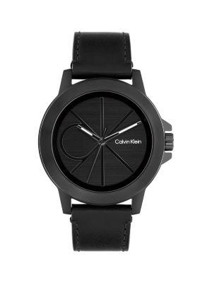 Emblem Dial Leather Strap Watch , Black