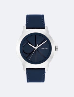 Emblem Dial Leather Strap Watch , Blue