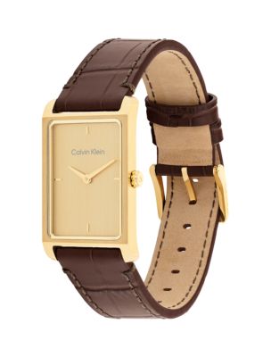 Мужские часы Calvin Klein Rectangle Dial Leather Strap Watch, цвет: Золотой — фото 2