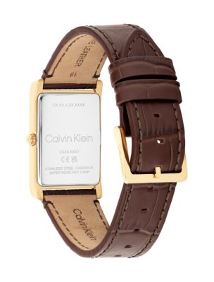 Мужские часы Calvin Klein Rectangle Dial Leather Strap Watch, цвет: Золотой — фото 3