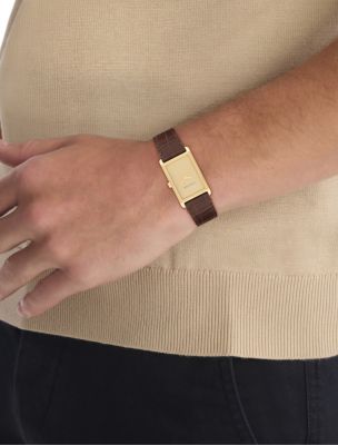Мужские часы Calvin Klein Rectangle Dial Leather Strap Watch, цвет: Золотой — фото 4