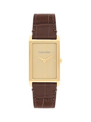 Rectangle Dial Leather Strap Watch, Gold
