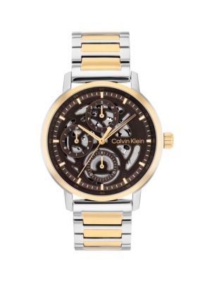 Multifunction Exposed Dial Link Bracelet Watch, Two Tone