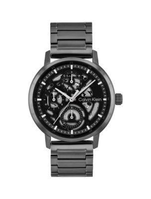 Multifunction Exposed Dial Link Bracelet Watch, Black