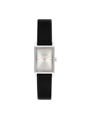Rectangle Sunray Dial Leather Strap Watch, Silver White