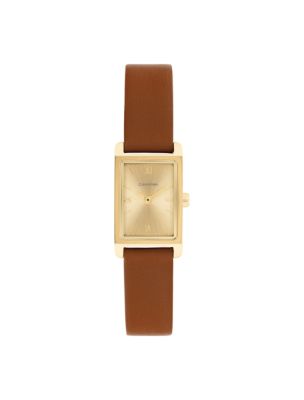 Rectangle Sunray Dial Leather Strap Watch, GOLD BROWN
