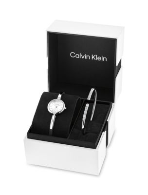 Женские часы Calvin Klein Round Watch + Bangle Set, цвет: Серебряный белый — фото 1